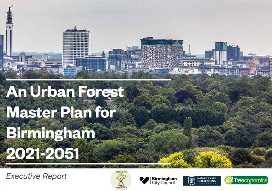 Urban forest master plan, the front page of the document Birmingham TreePeople commissioned for the city with BCC, Treeconomics, and Forest Institute