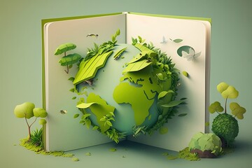 A book opening to reveal a paper-like planet and trees with plants growing.