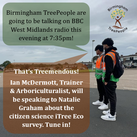 A graphic created to illustrate BTP's BBC WM radio appearance, with two urban forest volunteers with speech bubbles