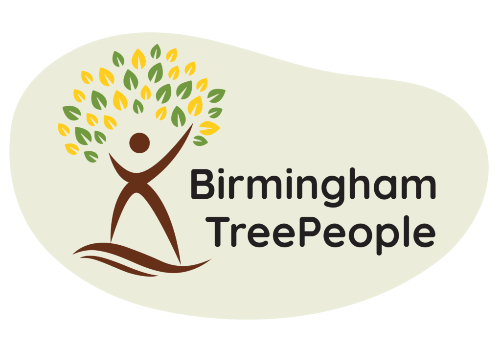 Birmingham TreePeople cream banner with brown man with yellow and green leaves.