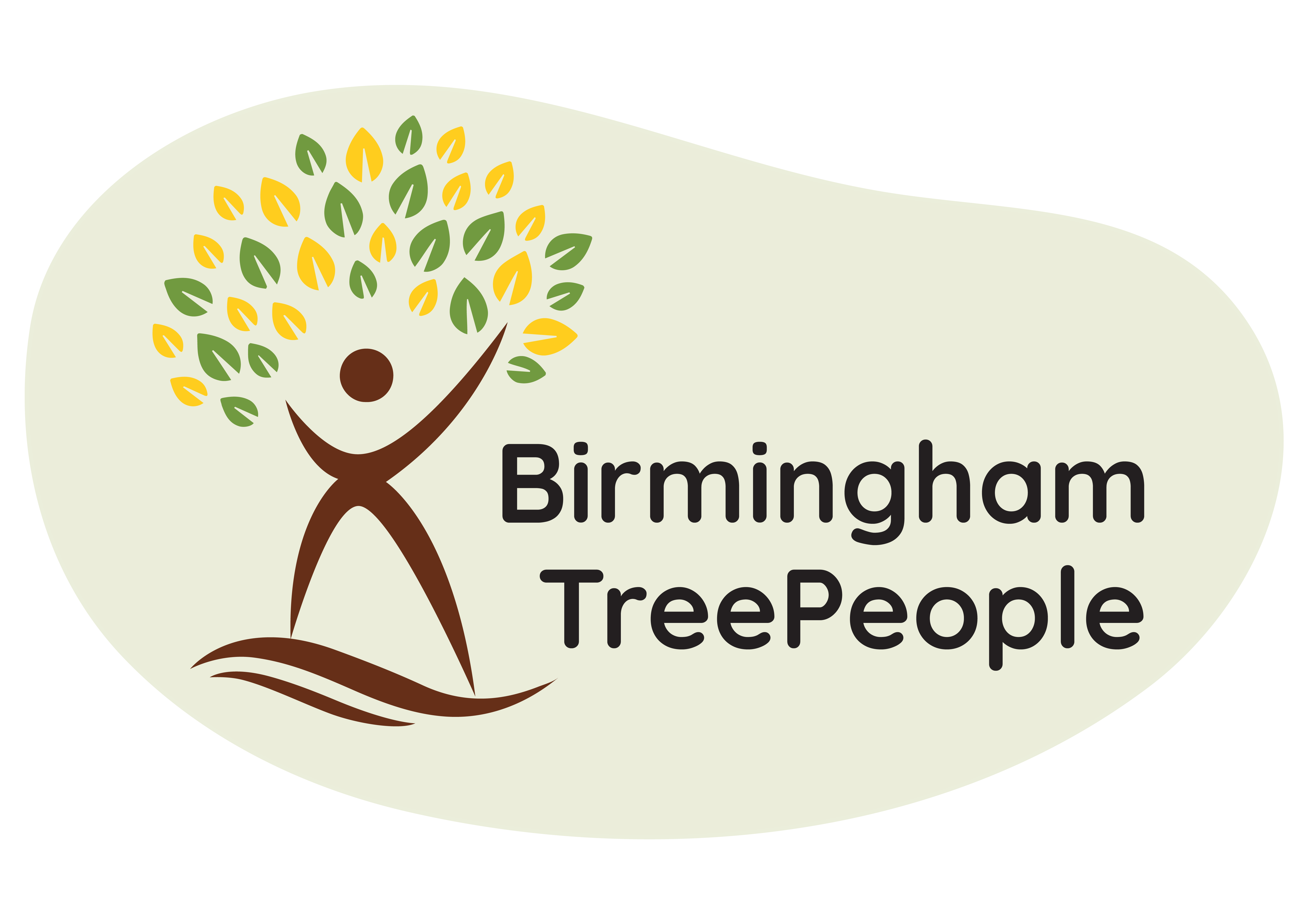 Birmingham TreePeople cream banner with brown man with yellow and green leaves.