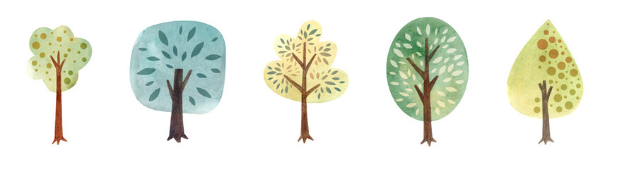 A row trees, tree banner, interim results of street trees banner, cartoon trees