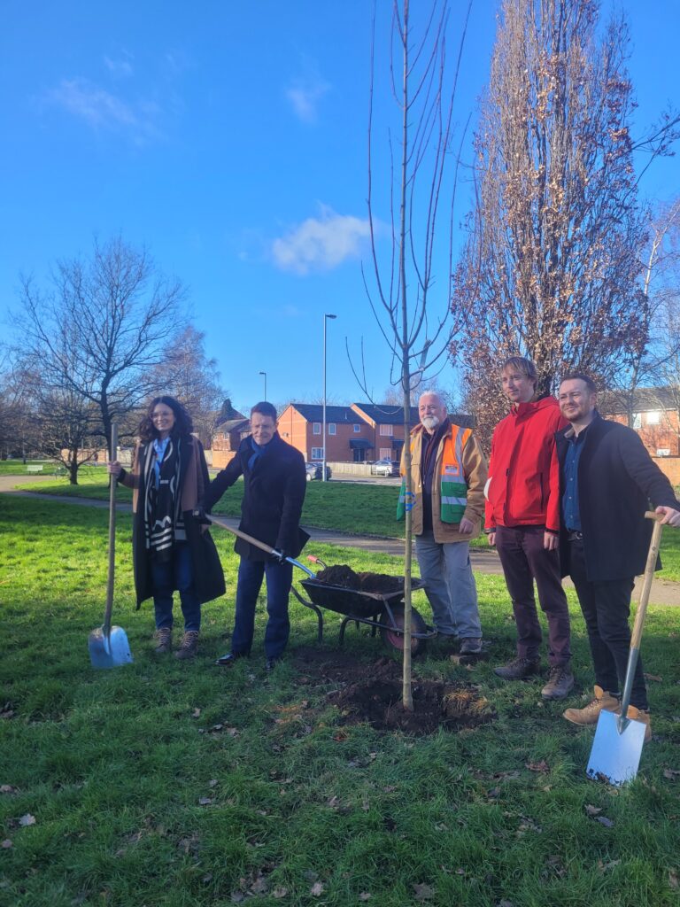 Francesca (Amazon), Andy Street (Mayor WM), Mac (BTP), and 2 reps from WMCA for the iTree Eco tree planting commemoration.
