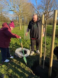 Handsworth Treemembrance Planting, David planting a tree with his mom for his wife Natasha.